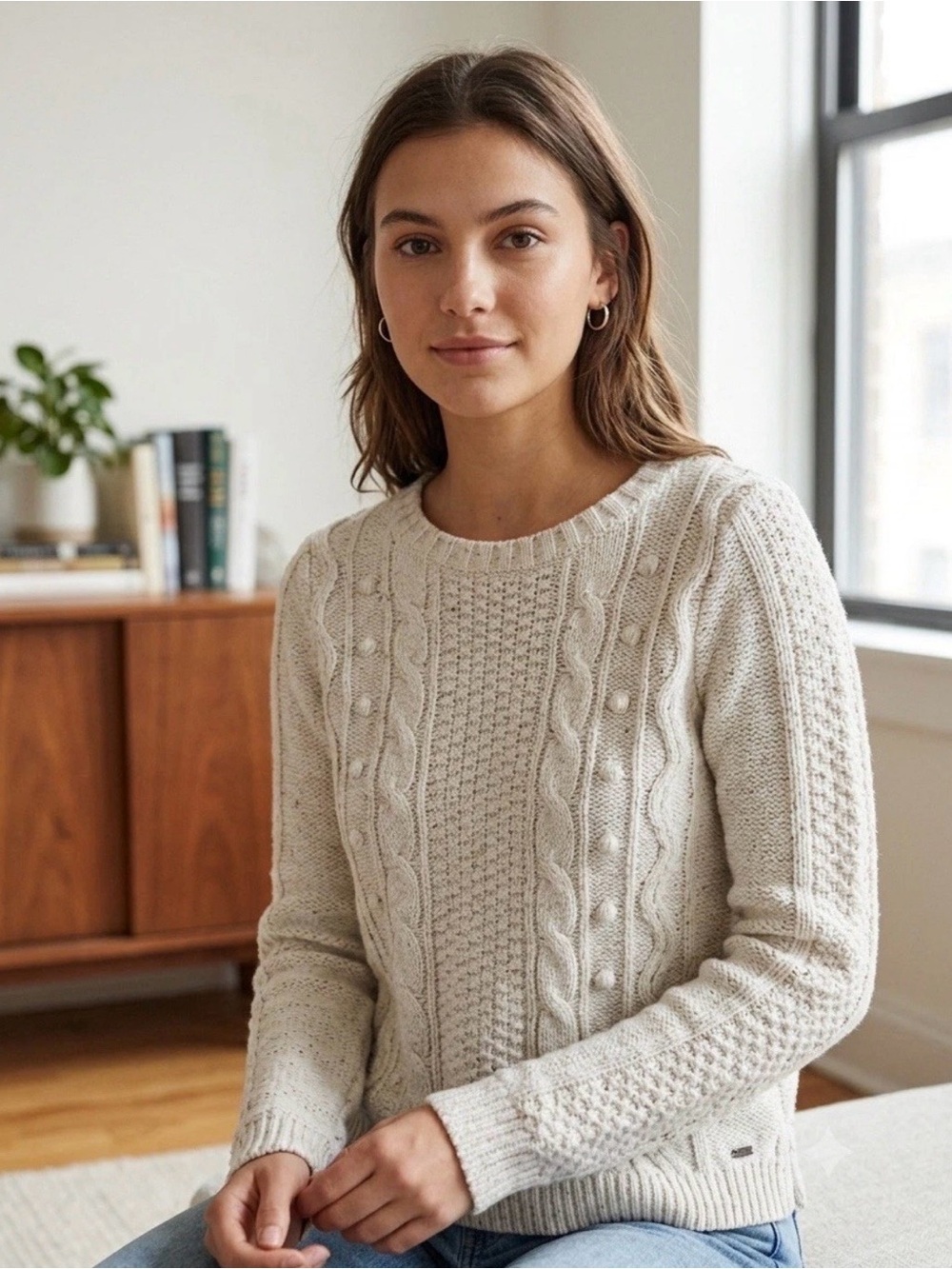 Hollister Oatmeal Cable-Knit Crewneck Sweater